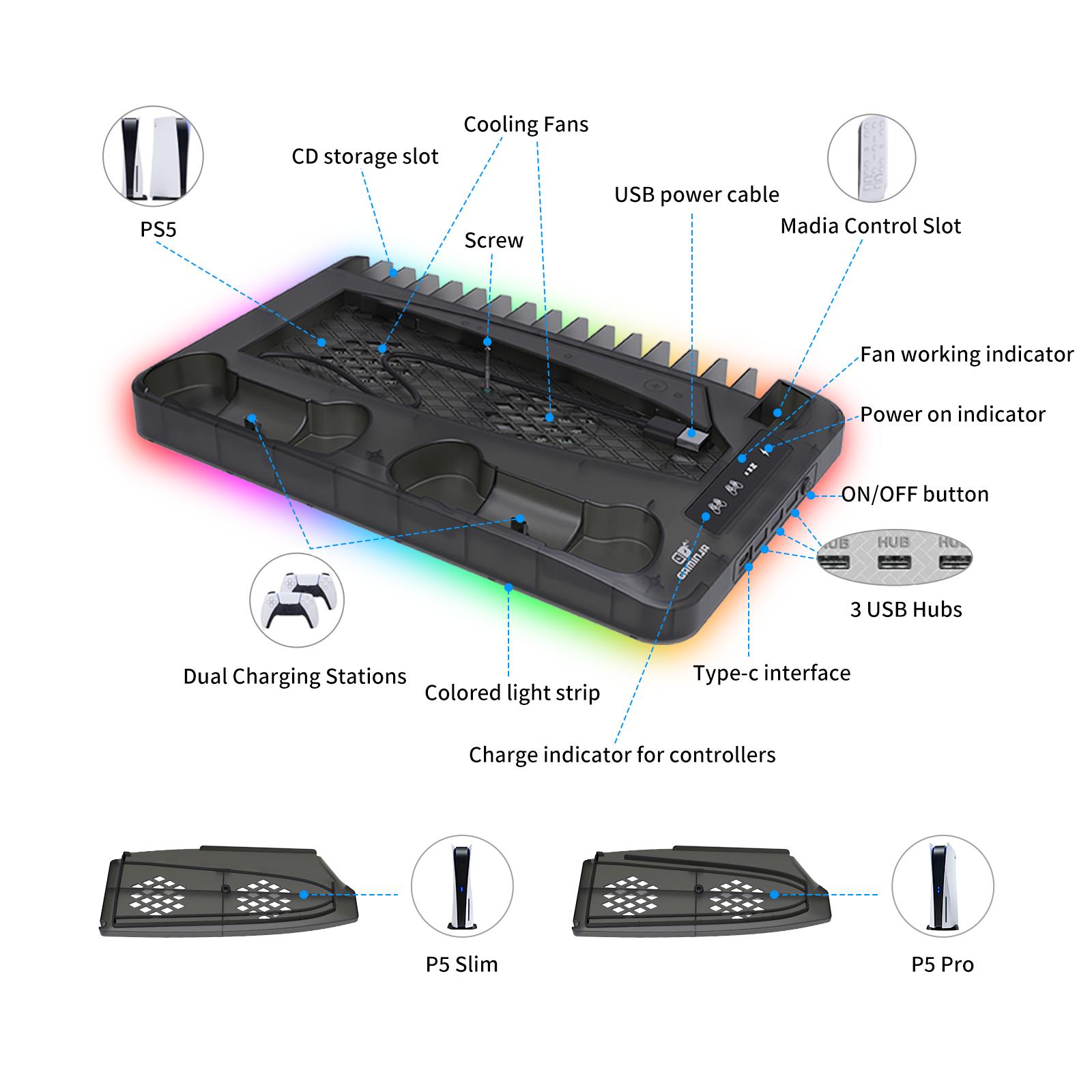 DIgit hub P58 Charging Base Cooling Bracket Compatible With PS5 Console, Vertical Stand Cooling Fan, Multi-functional Cooling & Charging Station for PS5 Slim Pro All Model Universal Gaming Pad Stomp Pad