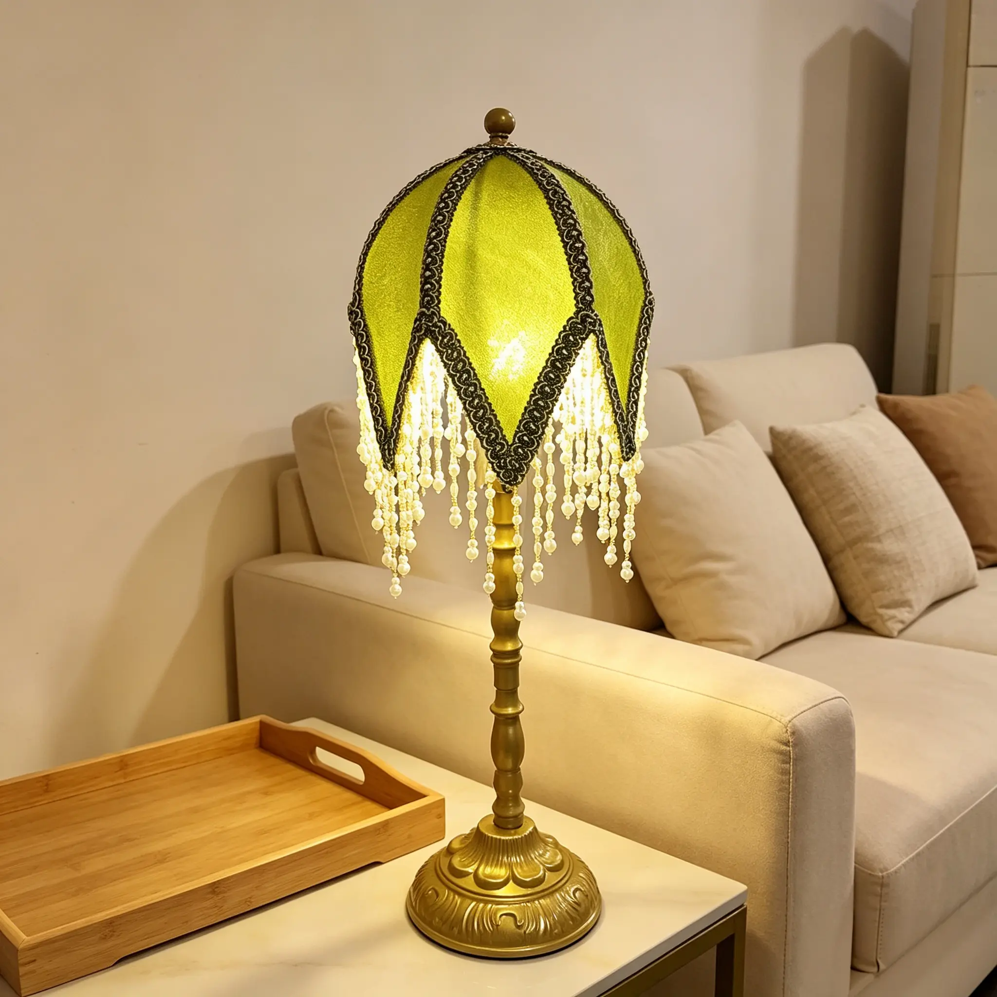 Vintage Tasselled Table Lamp with Beaded Shade, 3 Color Temperatures, Green and Gold, Victorian Style-C