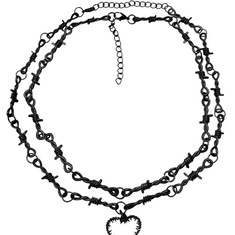 Barbed Wire Black Choker Necklace pack of 2 one with Spikie Heart one without - 16 Inch each