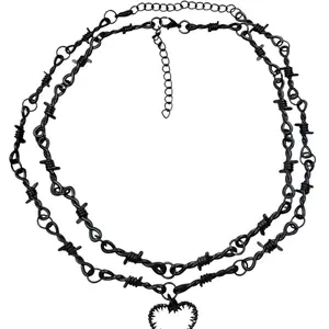 Barbed Wire Black Choker Necklace pack of 2 one with Spikie Heart one without - 16 Inch each