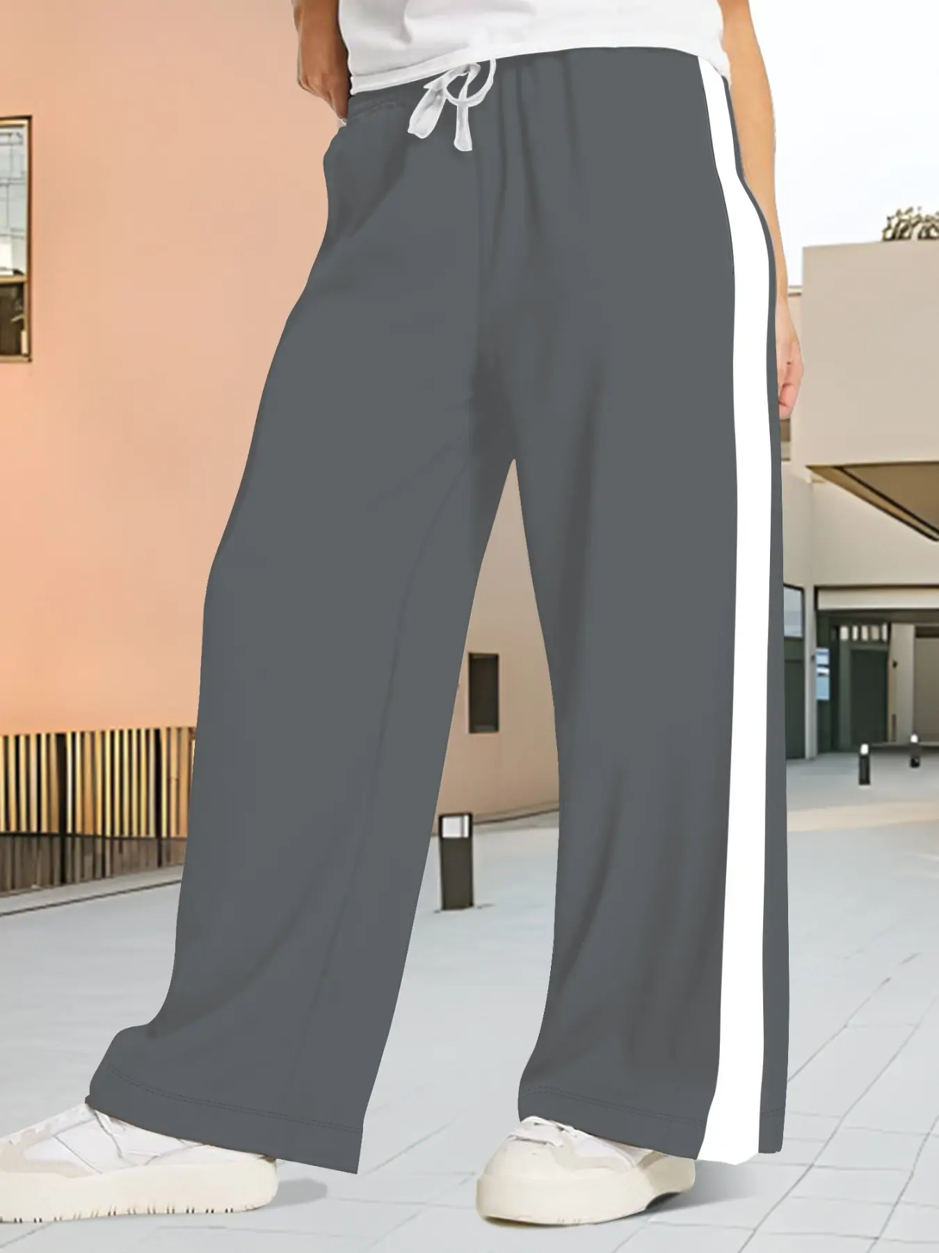 Plus Size Women's Side Stripe Wide Leg Sports Pants, High Waisted Athletic, High Waist Drawstring Elastic, Slimming Flowy Casual Sweatpants, All Seasons