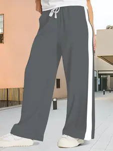 Plus Size Women's Side Stripe Wide Leg Sports Pants, High Waist Drawstring Elastic, Slimming Flowy Casual Sweatpants, All Seasons