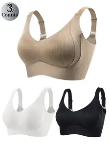 Women's Solid Wireless Bra, Soft Comfortable Functionality Unlined Breathable Ribbed Push Up Seamless Bra, Women's Lingerie for All Seasons, Ribbed Bras