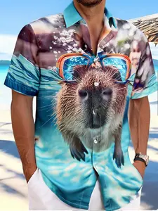 Men's Fish Print Short Sleeve Shirt, Regular Fit Casual Button Front Top for Summer, Men's Clothes for Beach Vacation, Menswear, Funny Shirts, Animal Shirt