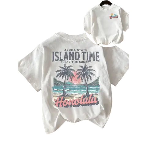 Women's Oversized Short-Sleeve Cotton T-Shirt - Round Neck, Tropical Coconut Tree Beach Peel-Resist Print, Cozy Breathable Cold-Wash Easy-Layering Casual US Top for Everyday Wear