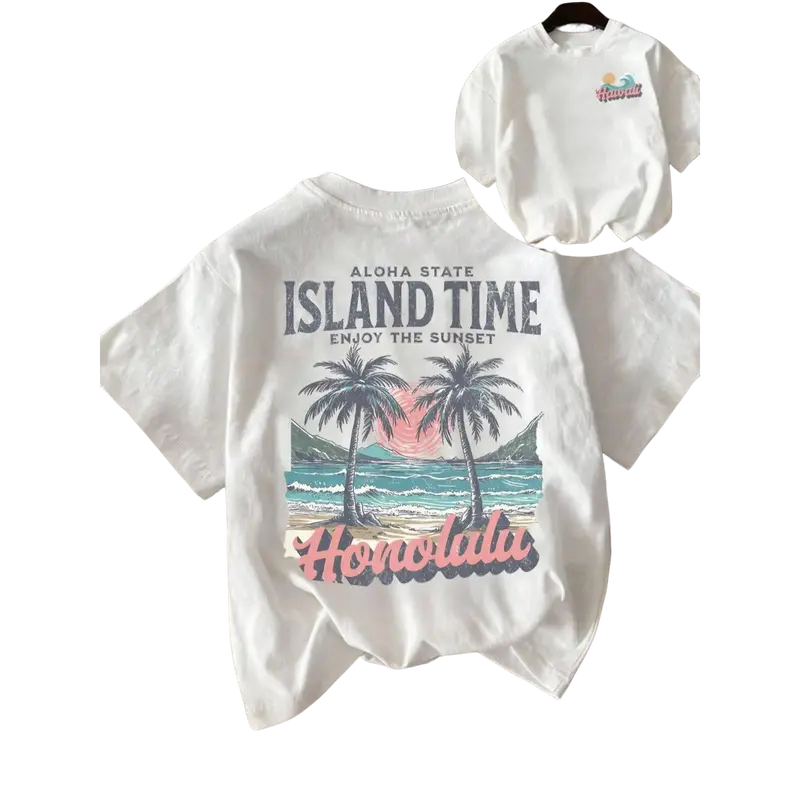 Women's Oversized Short-Sleeve Cotton T-Shirt - Round Neck, Tropical Coconut Tree Beach Peel-Resist Print, Cozy Breathable Cold-Wash Easy-Layering Casual US Top for Everyday Wear