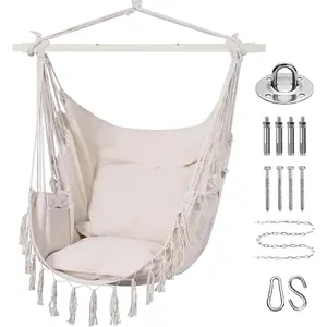 Hammock Chair, Rope Ceiling Swing with 2 Cushions, Macrame Boho  Chairs for Indoor,Outdoor,Bedroom,Outside,Garden,Balcony,Yard,Deck,Max 330 Lbs