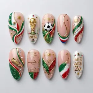 Handmade Soccer Championship Press On Nails | Mexico Flag WC Trophy Design, Almond Nails in Green White Red, WC Inspired 2026