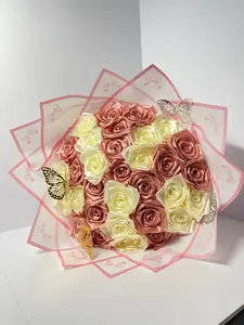 Handmade Satin Ribbon Rose Bouquet - Rose Gold & Cream (32-Rose)