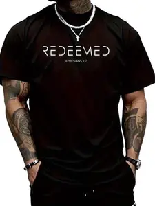 Redeemed Bible Print Graphic Fitted T-Shirt, Heavy Cotton Breathable Comfort, Casual Home Wear, Streetwear, Street Style, Faith Clothing, Menswear, Short Sleeve
