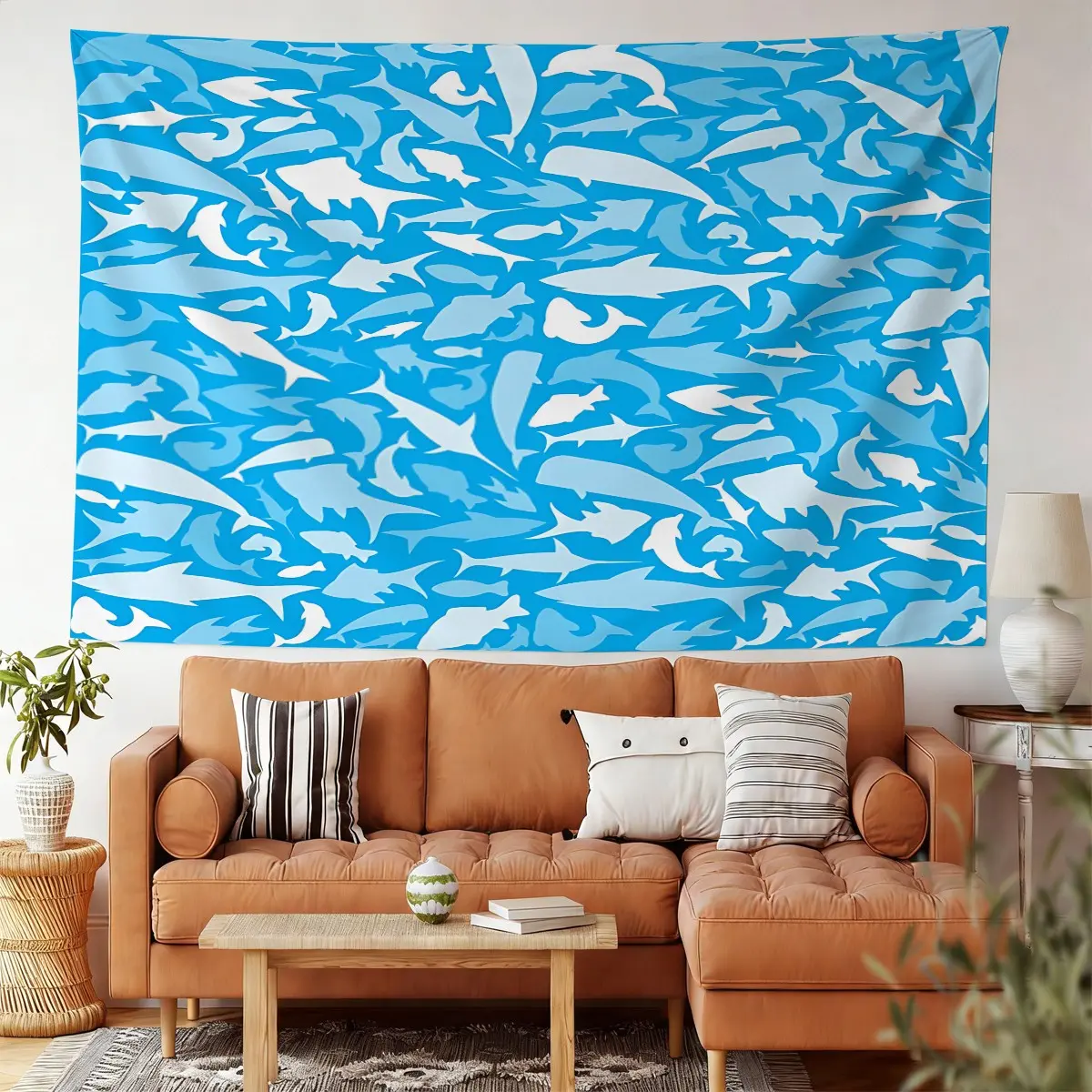 Vibrant Shark Silhouettes Tapestry, Playful Nautical Wall Hanging, Cheerful Digital Print Wall Tapestry, Perfect for Living Room & Bedroom Decor, Bold Blue Background with White Sharks, Unique Modern Home Aesthetic, Eye-Catching Wall Art Decor