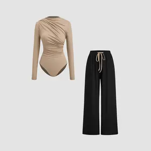 Women's 2-Piece High Neck Ruched Long Sleeve Top & Mid-Rise Wide Leg Trousers Set, Sizes 2-10