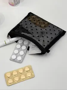 New Mini Heart Mesh Makeup Bag, Portable Makeup Organizer Pouch, Multi-Functional Semi-Sheer Cosmetic Bag, Casual Style Bag for All Seasons