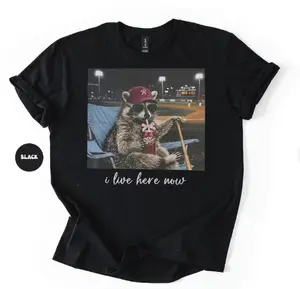 Funny Raccoon I live Here Now Shirt, Ballfield Dark Shirt, Baseball field, Raccoon Drinking Dr. Pepper Tee