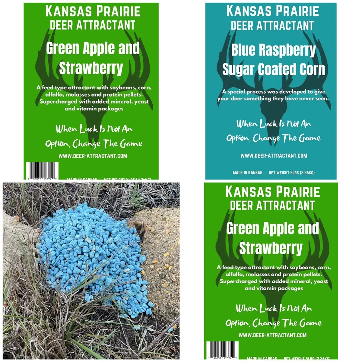 3 pack special 2 green apple strawberry soybean meal and a sugar coated blue raspberry corn attractant