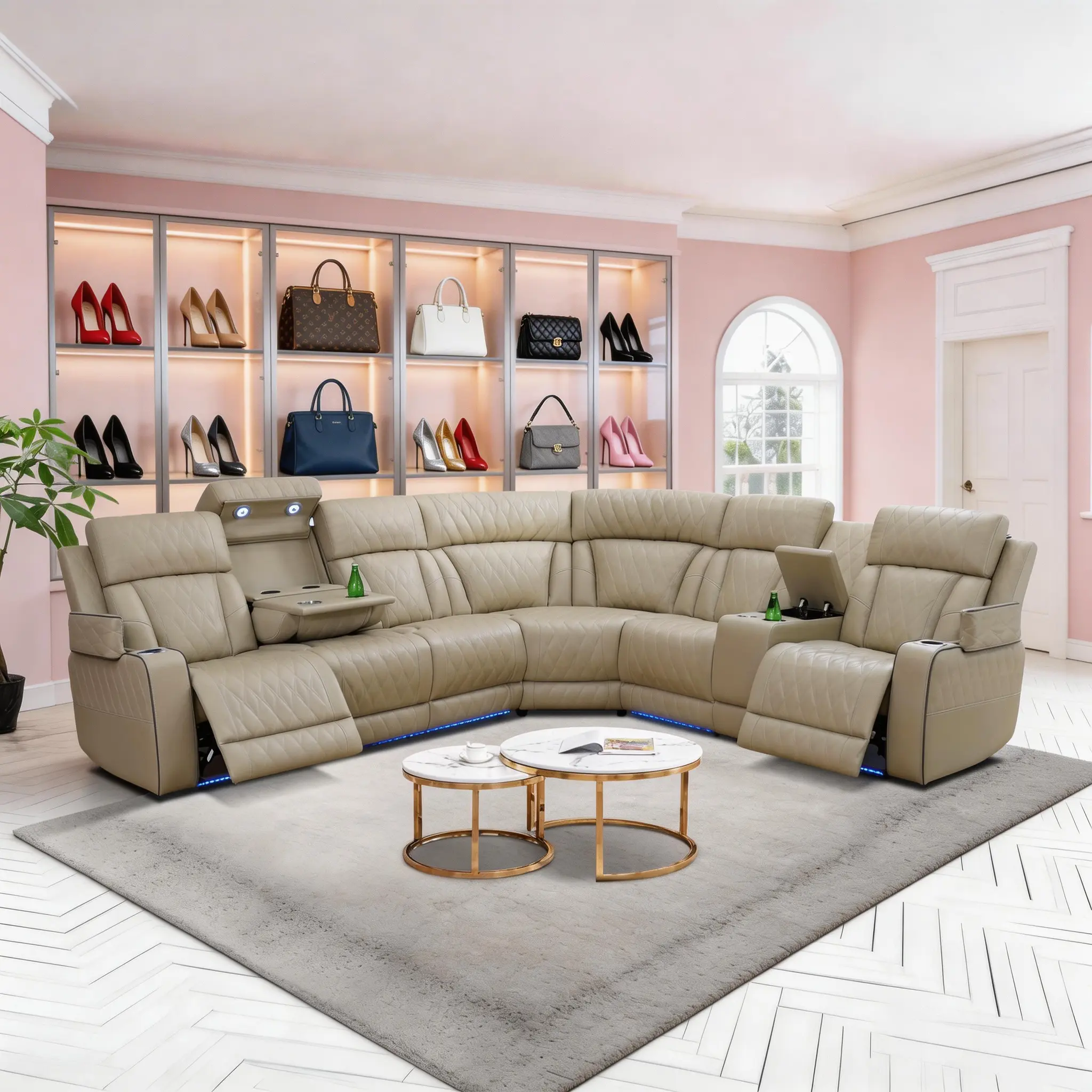 Luxury Sofa Beige Power Reclining Leather Sofa Set 3-Piece Living Room Ensemble with LED  Breathing Leather Comfortable & Stylish Design couch budget friendly