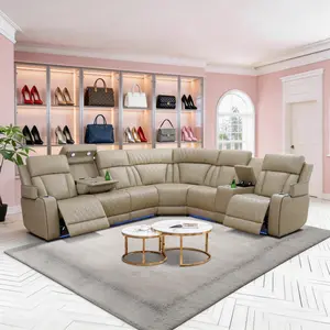 Luxury Sofa Beige Power Reclining Leather Sofa Set 3-Piece Living Room Ensemble with LED  Breathing Leather Comfortable & Stylish Design