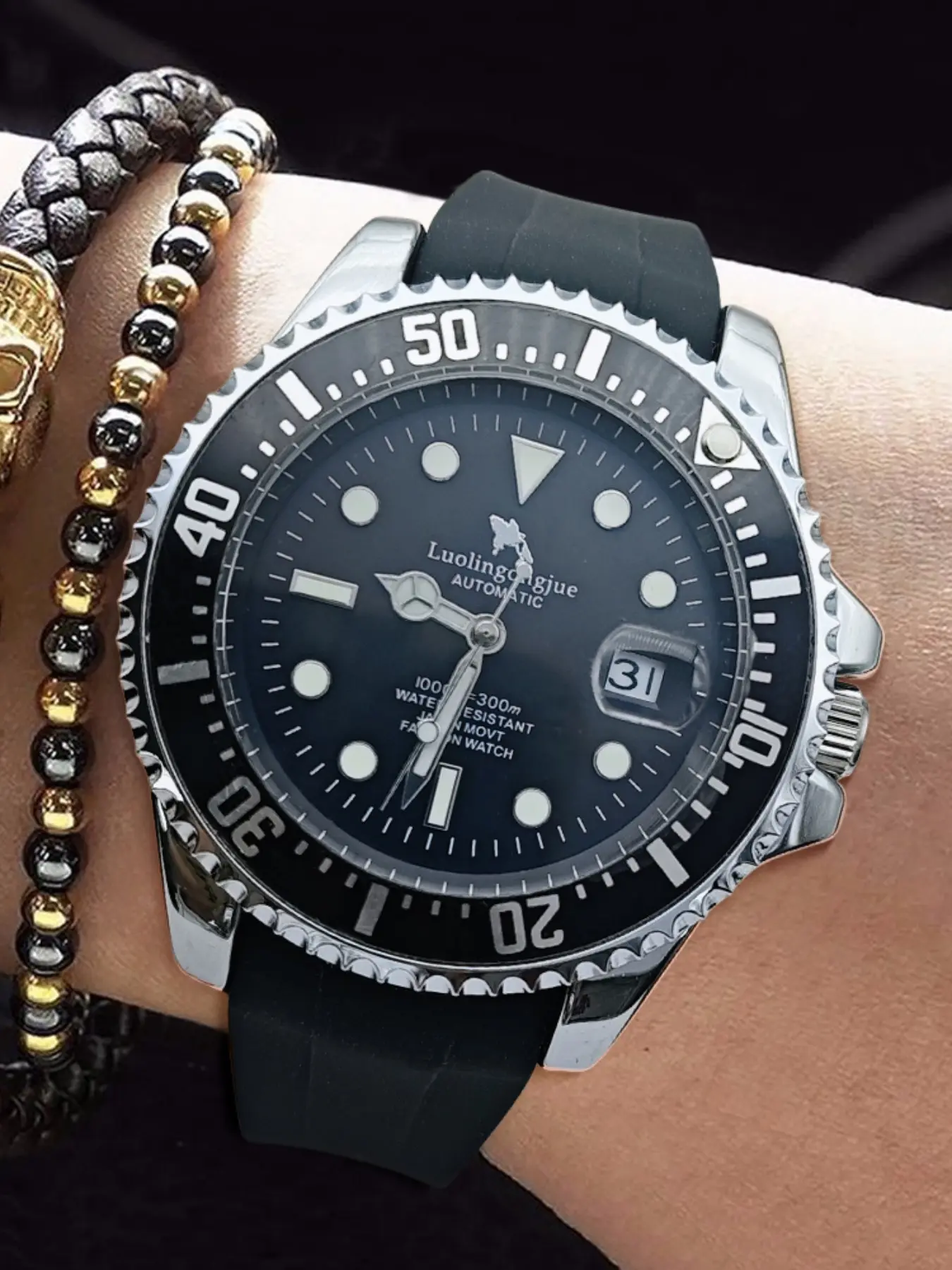 Men's Mechanical Watch, Analog Watches, Round Dial, Automatic Winding, Hollow Design, Calendar Display, Silicone Strap, Business & Casual Wear