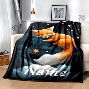 1pc Customizable Name Fox Blanket – Soft Flannel Throw with Whimsical Sleeping Fox & Starry Night Design – Lightweight, Warm, and Cozy for Sofa, Bed, Travel, Camping, or Office Use, Camping Blanket | Fox Illustration | Machine Washable