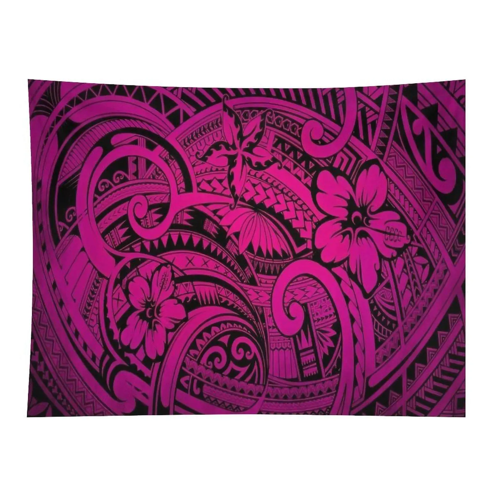Polynesian Tribal Hibiscus Flower Wall Tapestry, Bright Magenta-Black Ethnic Pattern, Traditional Pacific Island Art Wall Decoration for Room Decor