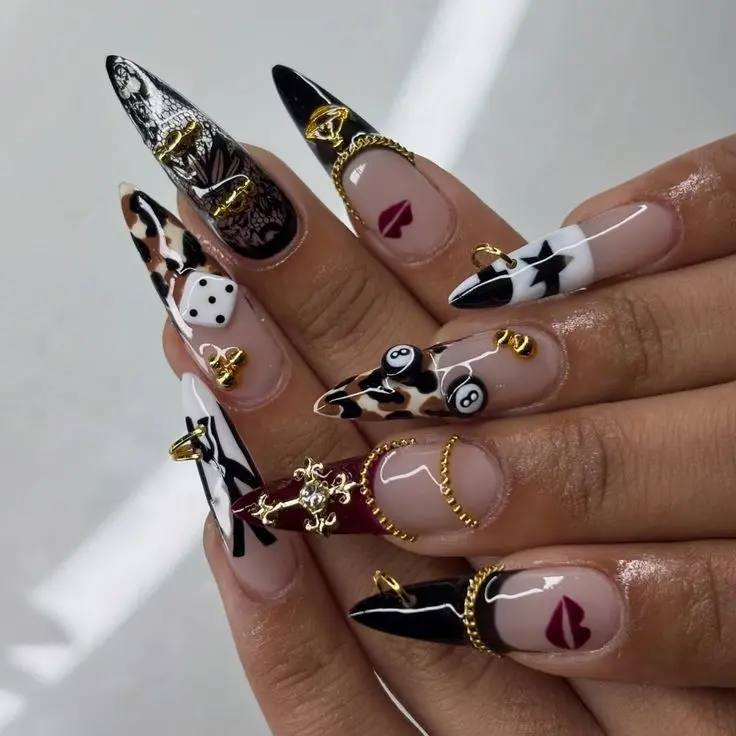 Y2K Goth 8 Ball Press On Nails Long Stiletto Fake Nails Black Red Leopard Dice Gold Chain Cross Lips Grunge Reusable False Nails Women Party Stick On Nails Handmade Custom Acrylic Nail Art TikTok Viral Beauty Trendy Edgy DIY Manicure Gift