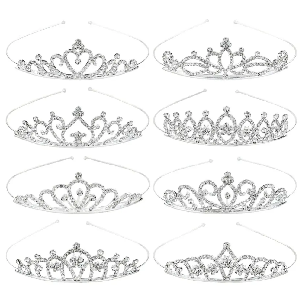 8 piece Sparkly Glitter Rhinestone Crown Headbands for Women Silver Metal Tiara Crown Headbands Princess Hair Tiaras Clasps Accessories
