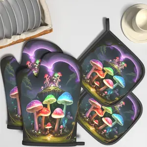 4pcs Oven Mitts And Potholders Magical Colorful Mushroom Forest Heat Resistant Oven Mitts And Pot Holders Sets Suitable For Grilling, Cooking, Baking, Broiling, Microwave And Kitchen Decoration Gifts