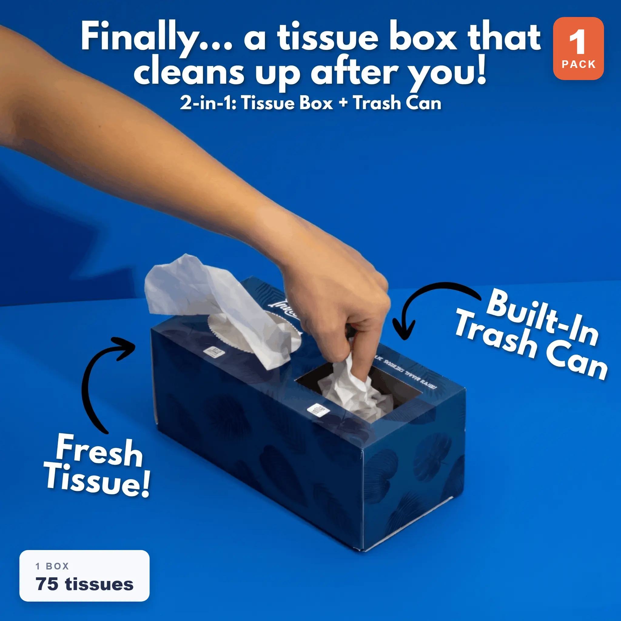 2 in 1 Tissue Box with Built-In Trash Compartment | Sick Day & Cold/Flu Essential | Bedside, Car, Office | 75 Tissues Per Box, 2-Ply