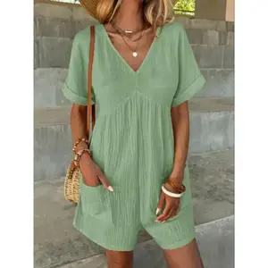 Women's Solid Color V Neck Wide Leg Romper, Casual Comfy Short Sleeve Romper for Spring & Fall, Women's Clothes for Daily Wear