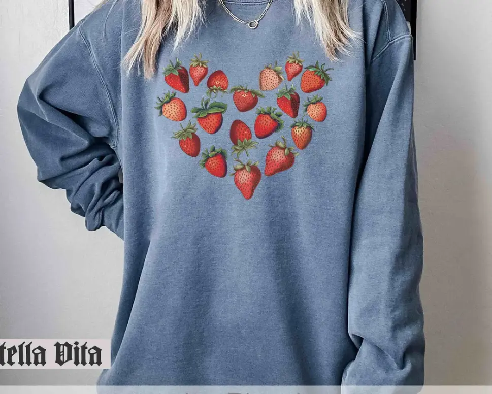Strawberry Sweatshirt Heart Valentine Comfort Colors Shirt, Strawberry Long Sleeve Tee, Strawberry Sweatshirt, Summer Fruit ,Gardening