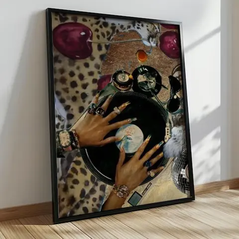 Vintage Black Girl & Leopard Animals Music Record Player Wall Poster - 175gsm Graphic Prints, Decorative Artwork, Funky Home Decor, Room Decor for Office & Space-Themed Home Collectibles