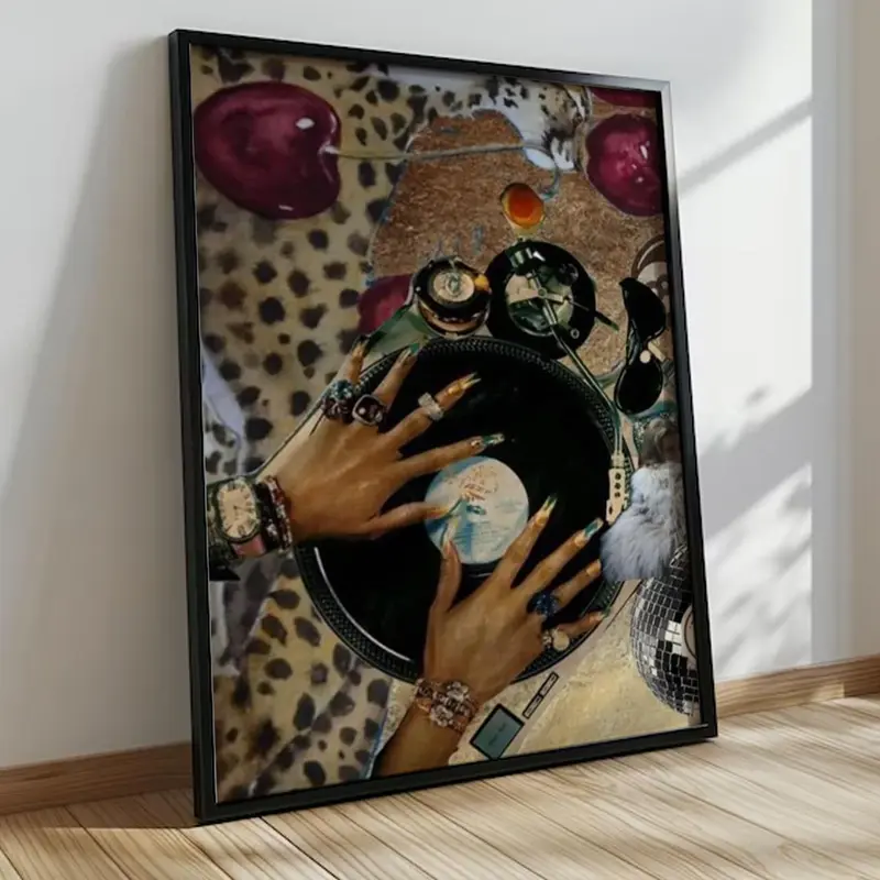 Vintage Black Girl & Leopard Animals Music Record Player Wall Poster - 175gsm Graphic Prints, Decorative Artwork, Funky Home Decor, Room Decor for Office & Space-Themed Home Collectibles
