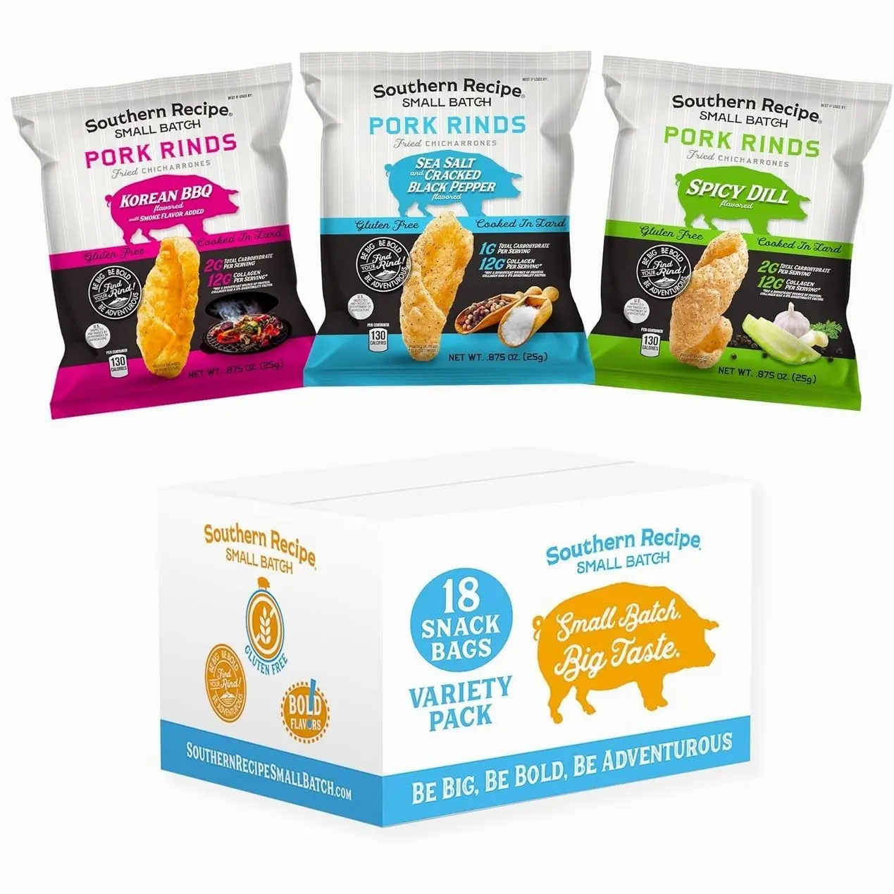 Pork Rinds Variety Pack | Salt & Pepper, Korean BBQ, & Spicy Dill | Southern Recipe Small Batch Chicharrones | Keto Friendly & Low Carb | Snack Bag (18 Count)