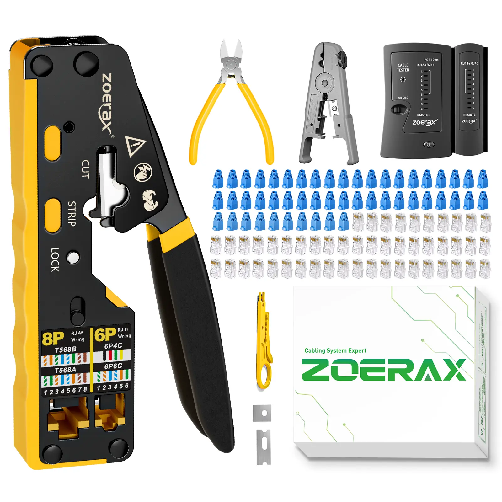 Zoerax M7 Tool Kit, RJ45, Crimping Tool, Cable Tester, Wire Cutters, Blade, 50 Cat6 Connectors + 50 Protective Sleeves, Portable Tools, Multifunctional Design, Sturdy and Durable, Multifunctional Gadgets, Practical Tools (105 pieces total) Holiday Gift
