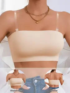 Women's Solid Color Tube Top Bra with Transparent Straps, Casual Comfortable Breathable Strapless Bra, Ladies Sportswear for Indoor Outdoor Wear, Strappy Sports Bras