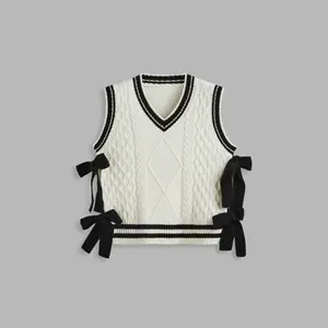 Cider Women's V-neck Solid Bowknot Knitted Vest - 2 Colors, Size Range 0-26