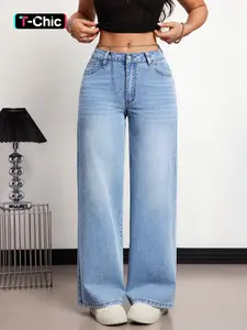 Women's Denim Jeans Light Wash with Metal Chain Belt, Slim-Fitting Straight Leg Pants, Casual Chic Streetwear Fashion for Spring & Summer, Elegant Style Womenswear