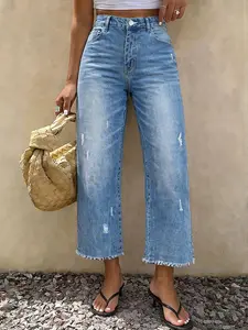 Summer Essential Jeans, Straight Leg Loose Nine-Part Solid Washed Denim, Frayed Hem, Casual High Waist Slim Fit, Perfect for Dates/travel/commute
