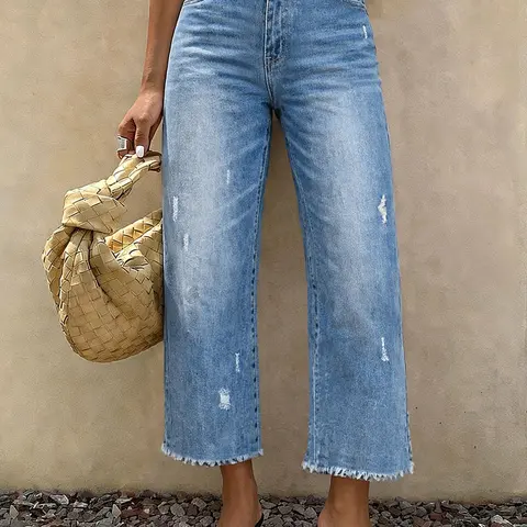 Summer Essential Jeans Women, Straight Leg Loose Cropped Solid Washed Denim, Frayed Hem, Casual High Waist Slim Fit, Perfect for Dates/travel/commute, Denim Capri Pants
