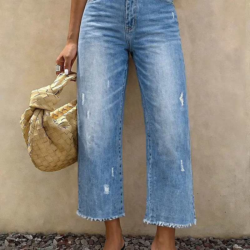 Summer Essential Jeans Women, Straight Leg Loose Cropped Solid Washed Denim, Frayed Hem, Casual High Waist Slim Fit, Perfect for Dates/travel/commute, Denim Capri Pants