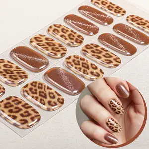 16pcs Leopard Print Gel Nail Strips, Gel Nail Stickers, Shiny Cat Eye Self-Adhesive Full Set, UV Lamp Required, Easy to Apply and Remove, DIY Nail Art for Women and Girls