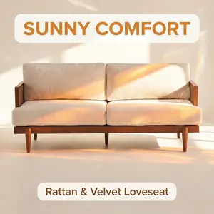 72" Rattan 3-Seater Sofa - Square Arms, Solid Walnut Wood Frame, Boho Accent Couch for Living Room, Bedroom