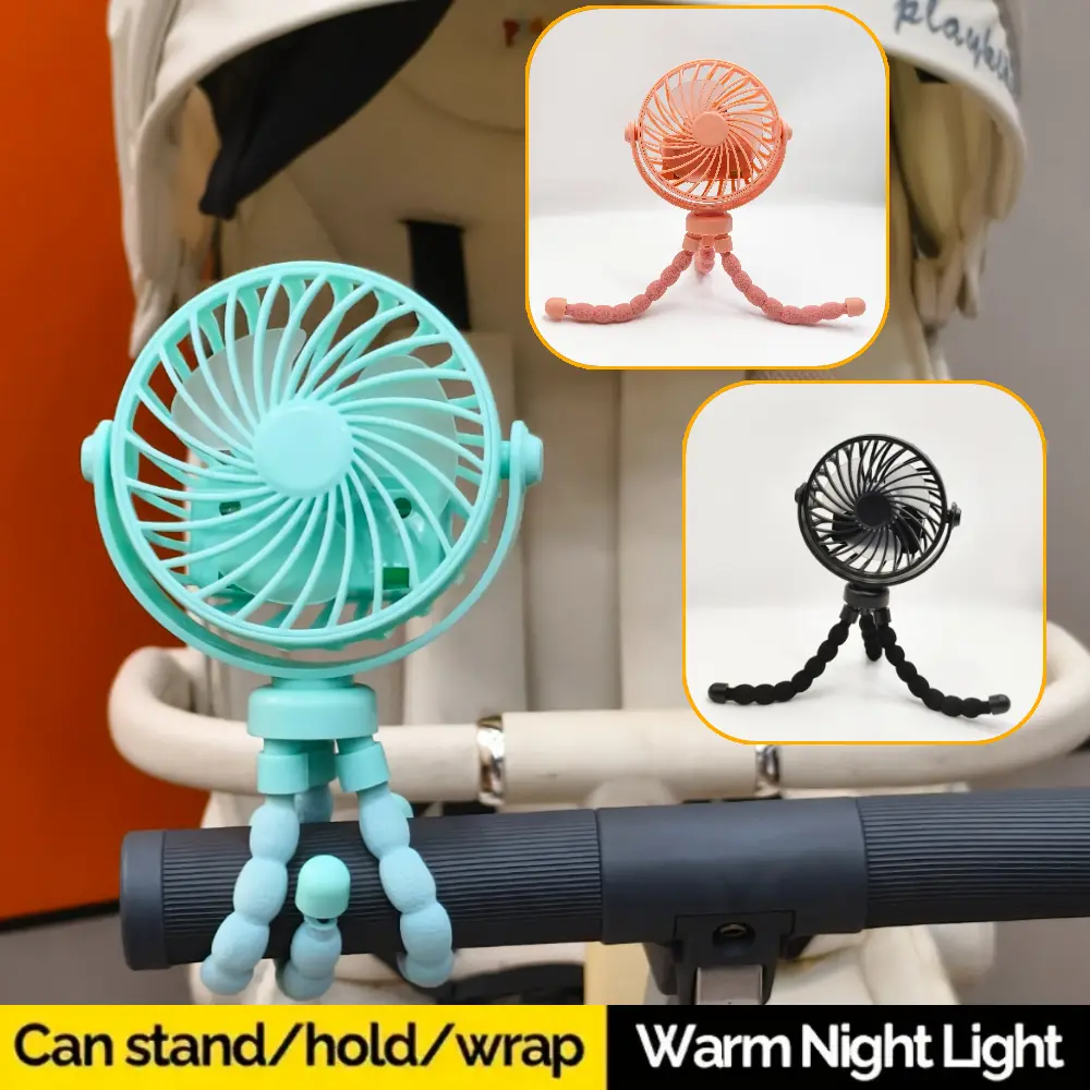 Stroller Buddy Multifunctional 360° Cooling Fan - Flexible Tripod, Baby-Safe, USB Rechargeable, Night Light, Multifunctional Fan