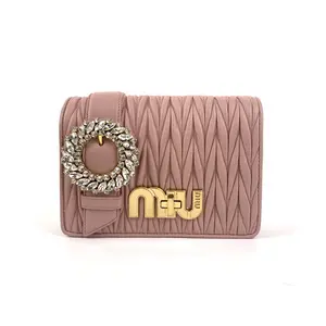 Pre-owned miumiu Sheepskin Shoulder & Crossbody Miu Miu Crystal Embellished Pleated Lambskin Chain Bag Nude Pink, Shoulder & Crossbody，Sku：SH04