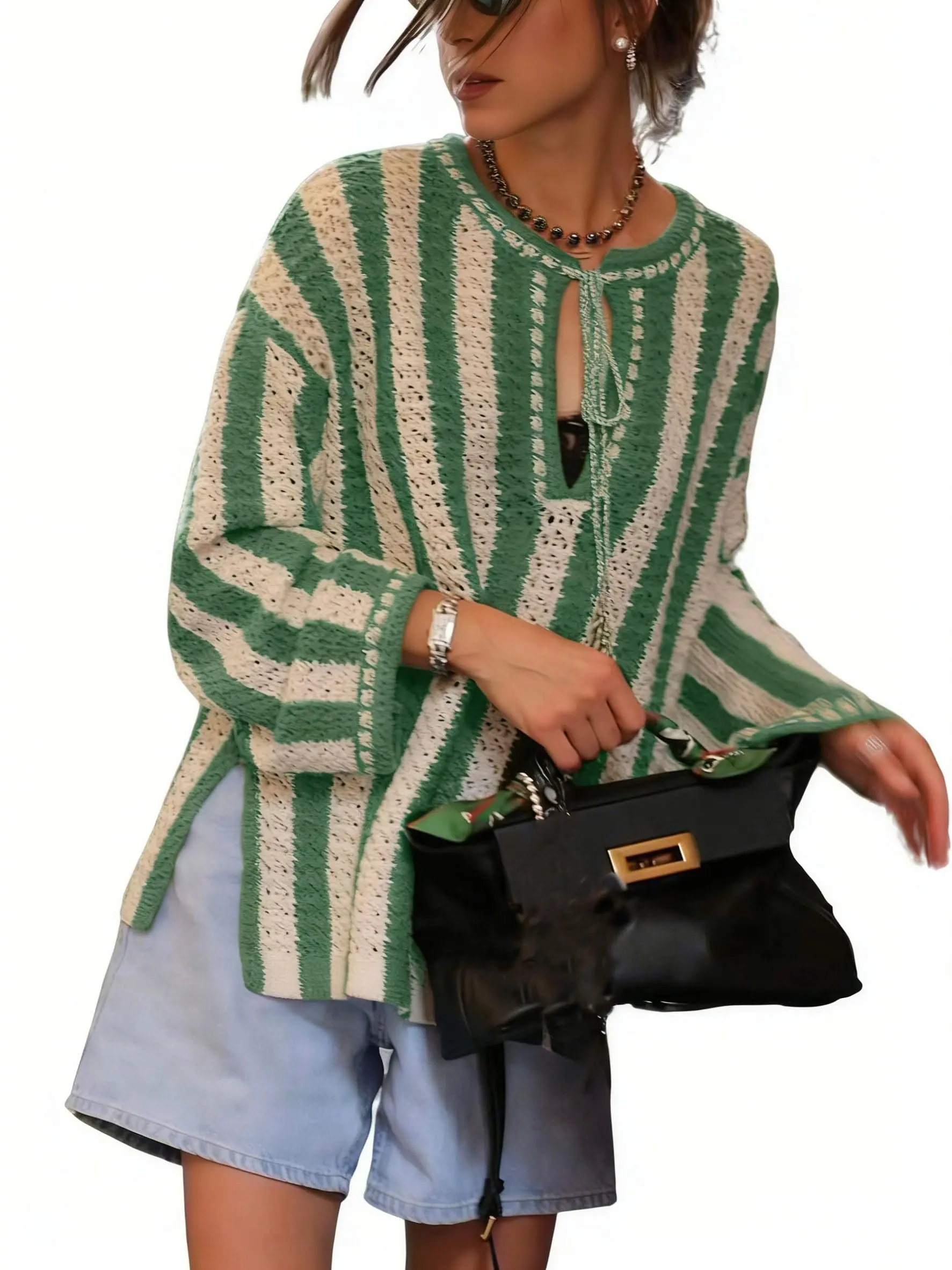 CHARTOU Women's Striped Crochet Knit Long-Sleeve Color-Block Chic Fall Pullover Jumper with Tassel, Versatile for Beach Swimsuit Cover-Up, Style, Matching, Knitwear, Fit,back to school,back to school shopping