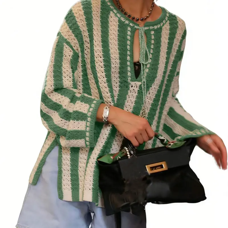 CHARTOU Women's Fit Bow Neck Long-Sleeve Striped Crochet Knit Color Block Fall Sweater Pullover - Fringed, Versatile Beach Swimsuit Cover-Up, Wide Leg Shorts Compatible Knitwear