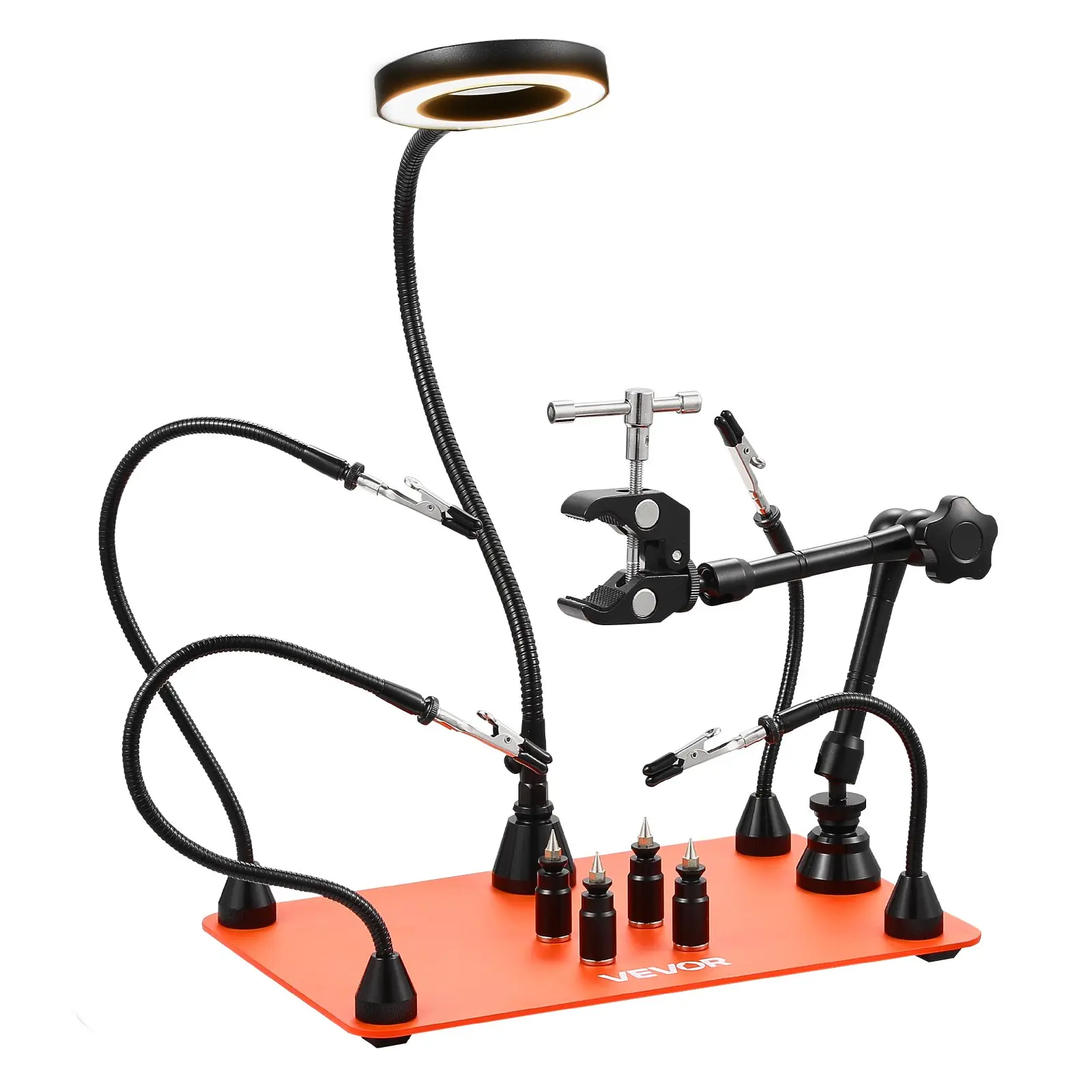 VEVOR Magnetic Helping Hands Soldering Station with Flexible Arms, 3X LED Magnifying Lamp, 4 PCB Holders, 360-Degree Hot Air Gun Holder & Heavy-Duty Base for Electronic Repair, Nail Art, Sewing, DIY Projects, Jewelry Making, 3 Color Temperatures