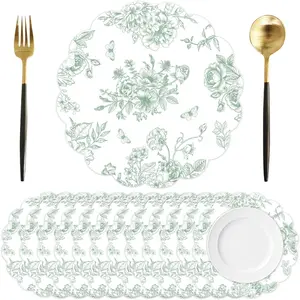 50 Pcs Sage Green Floral Paper Placemat, 13.5 Inch Wedding Party Placemats Disposable Scalloped Table Mats for Mother's Day Wedding Bridal Tea Party Banquet Table Setting Decor
