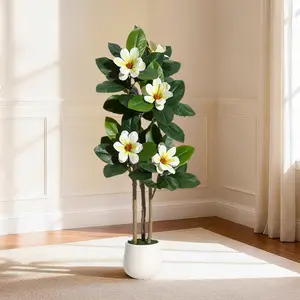 4/5/6ft Faux Rubber Tree , Artificial Plants Indoor with Real Touch Leaves and Multi Trunks , Artificial Tree Fake Potted Plants with White Flowers for Home Decor Office Living Room
