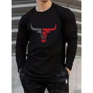 Men's Bull Graphic Print T-shirt, Casual Long Sleeve Crew Neck Tee, Men's Clothing for Outdoor